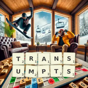 Creative illustration for a Scrabble game with the word TRANSUMPTS spelled out in tiles on the board.