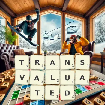 Creative illustration for a Scrabble game with the word TRANSVALUATED spelled out in tiles on the board.