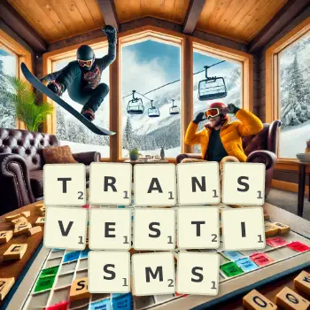 Creative illustration for a Scrabble game with the word TRANSVESTISMS spelled out in tiles on the board.