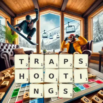 Creative illustration for a Scrabble game with the word TRAPSHOOTINGS spelled out in tiles on the board.