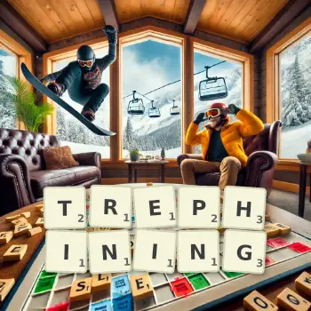 Creative illustration for a Scrabble game with the word TREPHINING spelled out in tiles on the board.