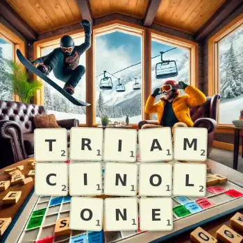 Creative illustration for a Scrabble game with the word TRIAMCINOLONE spelled out in tiles on the board.