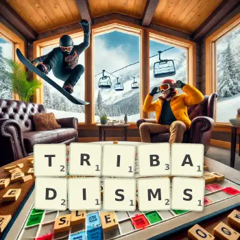 Creative illustration for a Scrabble game with the word TRIBADISMS spelled out in tiles on the board.