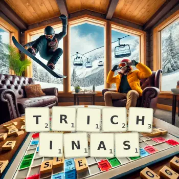Creative illustration for a Scrabble game with the word TRICHINAS spelled out in tiles on the board.