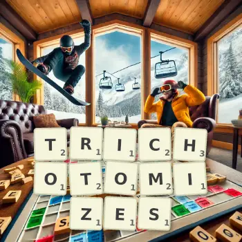 Creative illustration for a Scrabble game with the word TRICHOTOMIZES spelled out in tiles on the board.