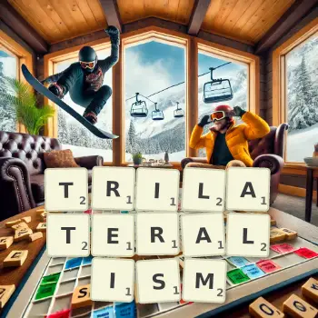 Creative illustration for a Scrabble game with the word TRILATERALISM spelled out in tiles on the board.