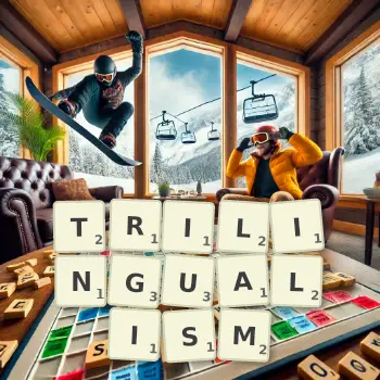 Creative illustration for a Scrabble game with the word TRILINGUALISM spelled out in tiles on the board.
