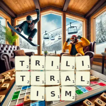 Creative illustration for a Scrabble game with the word TRILITERALISM spelled out in tiles on the board.