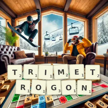 Creative illustration for a Scrabble game with the word TRIMETROGON spelled out in tiles on the board.
