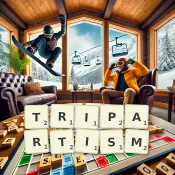 Creative illustration for a Scrabble game with the word TRIPARTISM spelled out in tiles on the board.