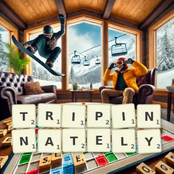 Creative illustration for a Scrabble game with the word TRIPINNATELY spelled out in tiles on the board.