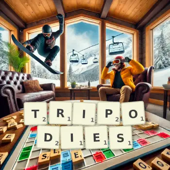 Creative illustration for a Scrabble game with the word TRIPODIES spelled out in tiles on the board.