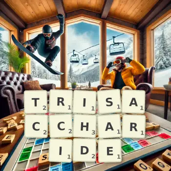 Creative illustration for a Scrabble game with the word TRISACCHARIDE spelled out in tiles on the board.