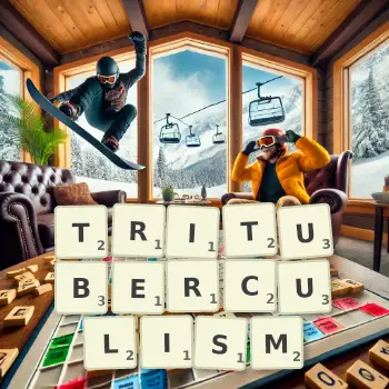 Creative illustration for a Scrabble game with the word TRITUBERCULISM spelled out in tiles on the board.