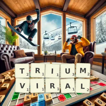 Creative illustration for a Scrabble game with the word TRIUMVIRAL spelled out in tiles on the board.