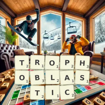 Creative illustration for a Scrabble game with the word TROPHOBLASTIC spelled out in tiles on the board.