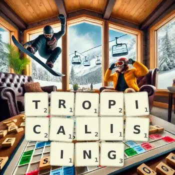 Creative illustration for a Scrabble game with the word TROPICALISING spelled out in tiles on the board.
