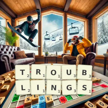 Creative illustration for a Scrabble game with the word TROUBLINGS spelled out in tiles on the board.