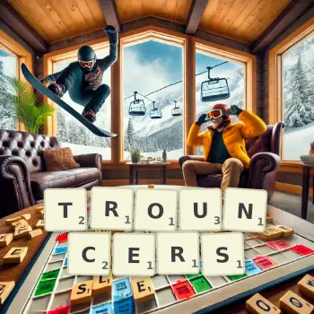 Creative illustration for a Scrabble game with the word TROUNCERS spelled out in tiles on the board.