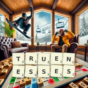Creative illustration for a Scrabble game with the word TRUENESSES spelled out in tiles on the board.