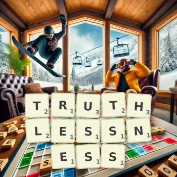 Creative illustration for a Scrabble game with the word TRUTHLESSNESS spelled out in tiles on the board.