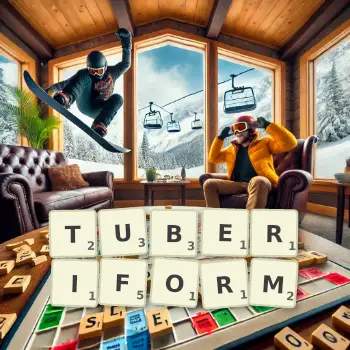 Creative illustration for a Scrabble game with the word TUBERIFORM spelled out in tiles on the board.
