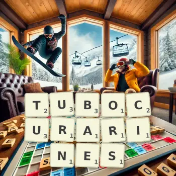 Creative illustration for a Scrabble game with the word TUBOCURARINES spelled out in tiles on the board.