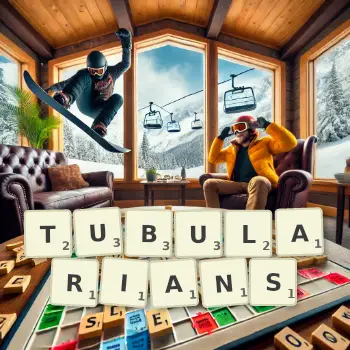Creative illustration for a Scrabble game with the word TUBULARIANS spelled out in tiles on the board.