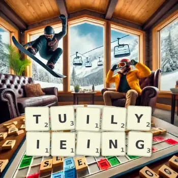 Creative illustration for a Scrabble game with the word TUILYIEING spelled out in tiles on the board.