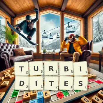 Creative illustration for a Scrabble game with the word TURBIDITES spelled out in tiles on the board.