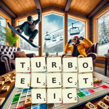 Creative illustration for a Scrabble game with the word TURBOELECTRIC spelled out in tiles on the board.
