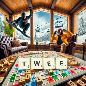 Creative illustration for a Scrabble game with the word TWEE spelled out in tiles on the board.