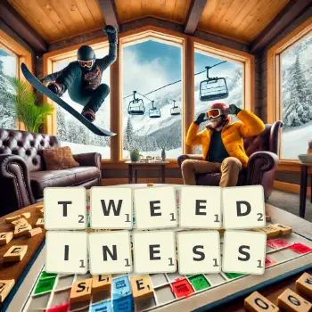 Creative illustration for a Scrabble game with the word TWEEDINESS spelled out in tiles on the board.