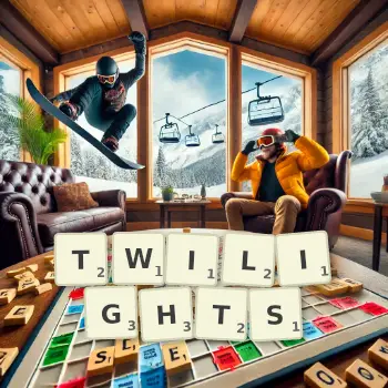 Creative illustration for a Scrabble game with the word TWILIGHTS spelled out in tiles on the board.