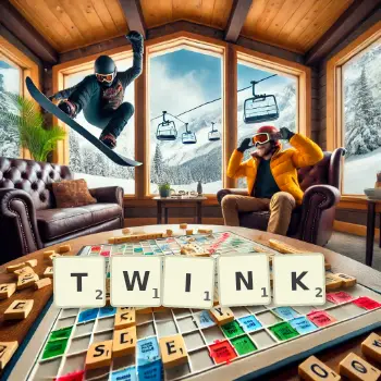 Creative illustration for a Scrabble game with the word TWINK spelled out in tiles on the board.