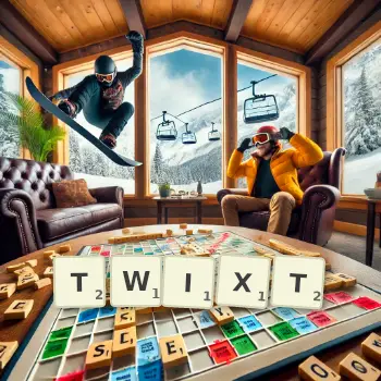 Creative illustration for a Scrabble game with the word TWIXT spelled out in tiles on the board.