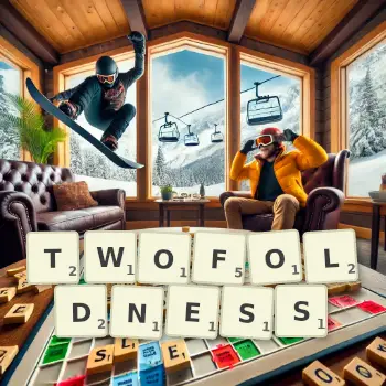 Creative illustration for a Scrabble game with the word TWOFOLDNESS spelled out in tiles on the board.