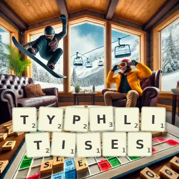 Creative illustration for a Scrabble game with the word TYPHLITISES spelled out in tiles on the board.