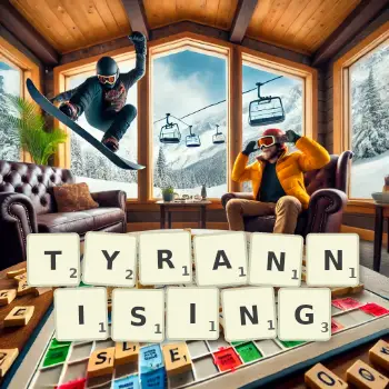 Creative illustration for a Scrabble game with the word TYRANNISING spelled out in tiles on the board.