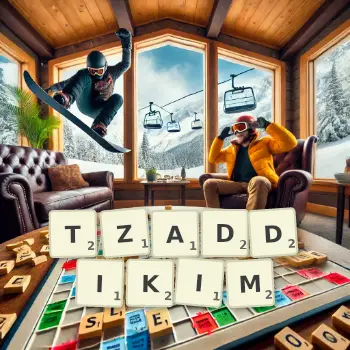 Creative illustration for a Scrabble game with the word TZADDIKIM spelled out in tiles on the board.