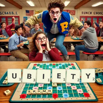 Creative illustration for a Scrabble game with the word UBIETY spelled out in tiles on the board.