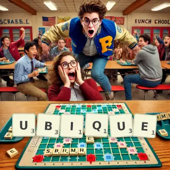 Creative illustration for a Scrabble game with the word UBIQUE spelled out in tiles on the board.