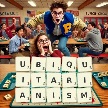 Creative illustration for a Scrabble game with the word UBIQUITARIANISM spelled out in tiles on the board.
