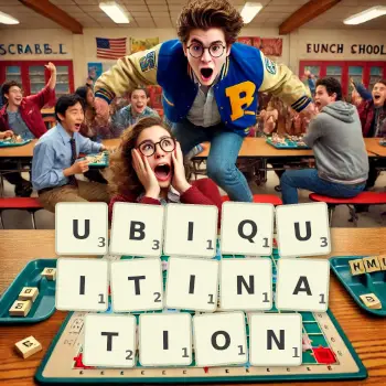 Creative illustration for a Scrabble game with the word UBIQUITINATION spelled out in tiles on the board.