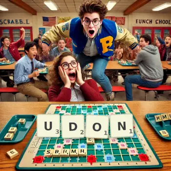 Creative illustration for a Scrabble game with the word UDON spelled out in tiles on the board.