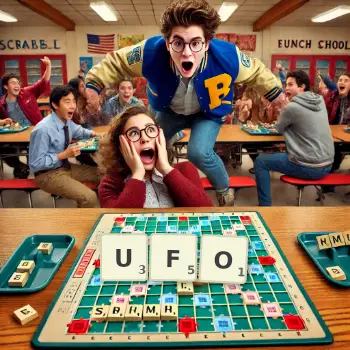 Creative illustration for a Scrabble game with the word UFO spelled out in tiles on the board.