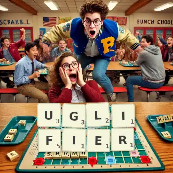 Creative illustration for a Scrabble game with the word UGLIFIER spelled out in tiles on the board.
