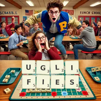 Creative illustration for a Scrabble game with the word UGLIFIES spelled out in tiles on the board.