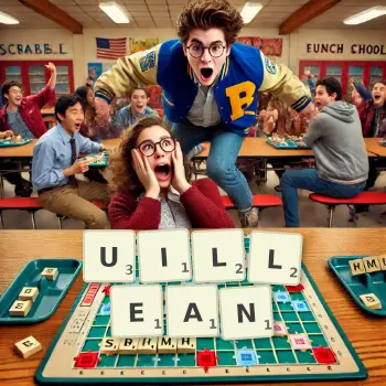 Creative illustration for a Scrabble game with the word UILLEAN spelled out in tiles on the board.