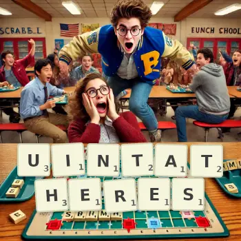 Creative illustration for a Scrabble game with the word UINTATHERES spelled out in tiles on the board.